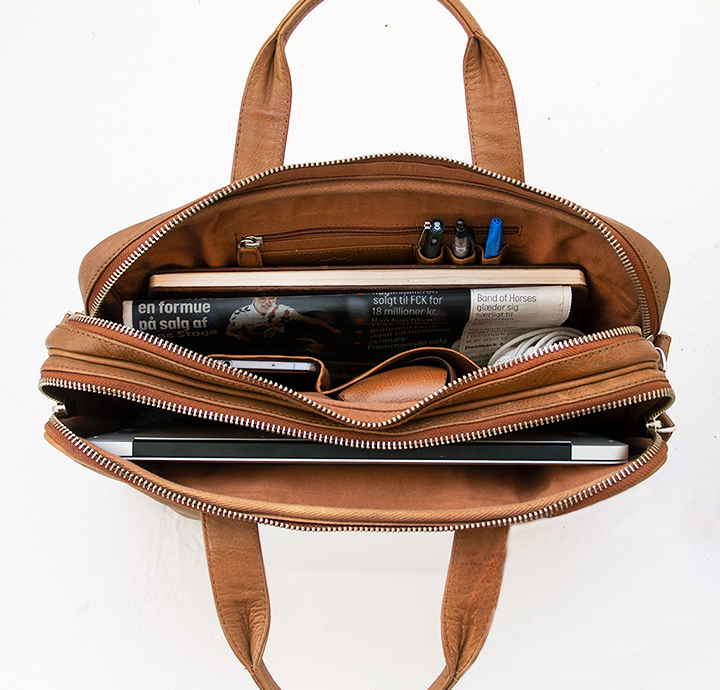Stor arbejdstaske til mænd og kvinder dansk design cognac computertaske