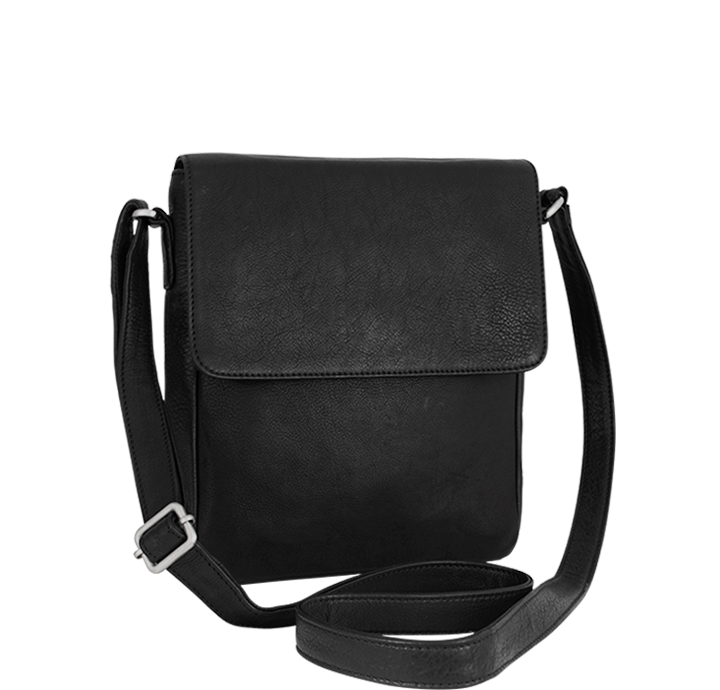 Crossbody taske med lang skulderrem i sort naturligt læder  