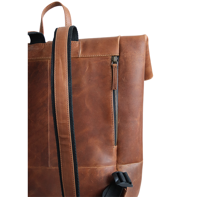 Brun rustik rygsæk med lynlås lomme bagpå