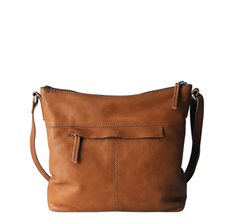 Skuldertaske i læder med lynlåslomme bagpå brun dametaske