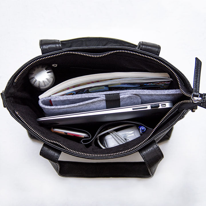 Computertaske til kvinder i blødt sort læder shoppertaske med lang skulderrem