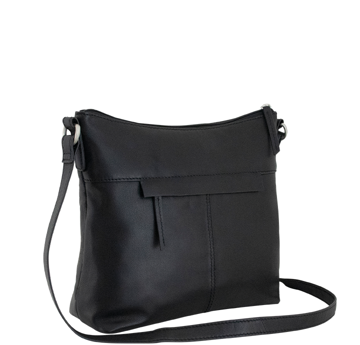 Sort skuldertaske til damer med crossbody rem og lynlåslomme bagpå