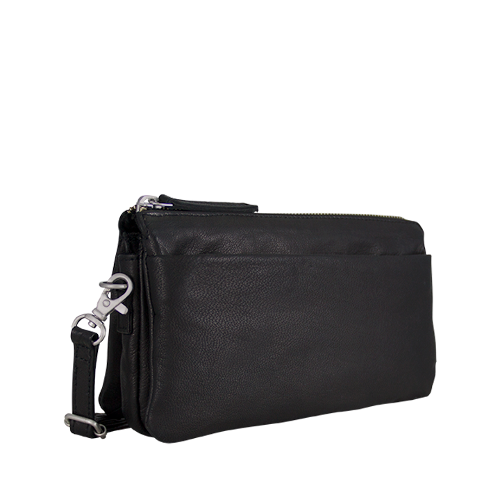 Skuldertaske i ægte sort læder bæredygtig clutch med skulderrem