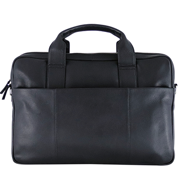 Stor computertaske i sort læder med lomme foran 