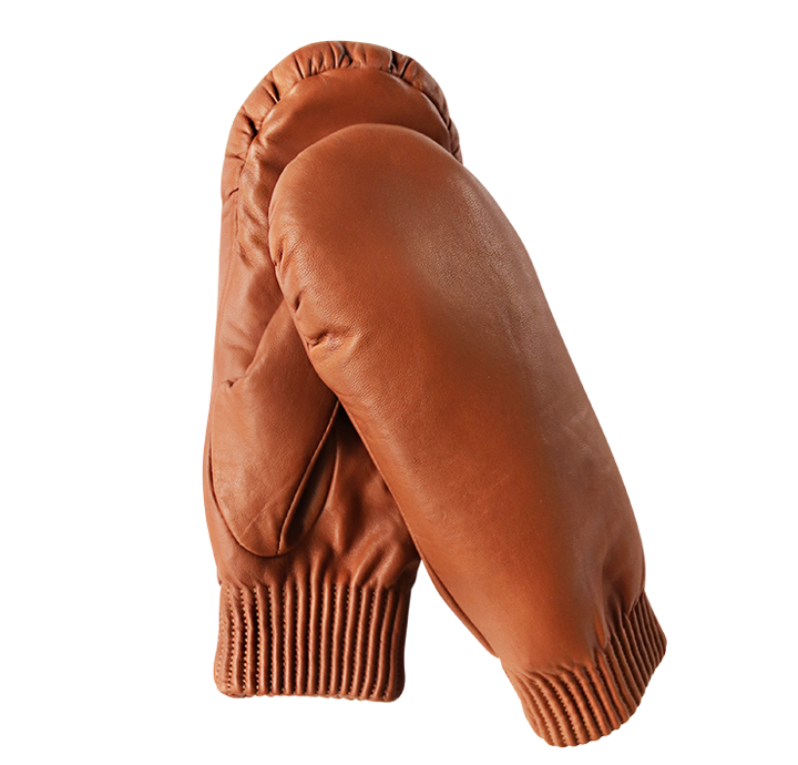 Luffer i brunt lammeskind med plysfor