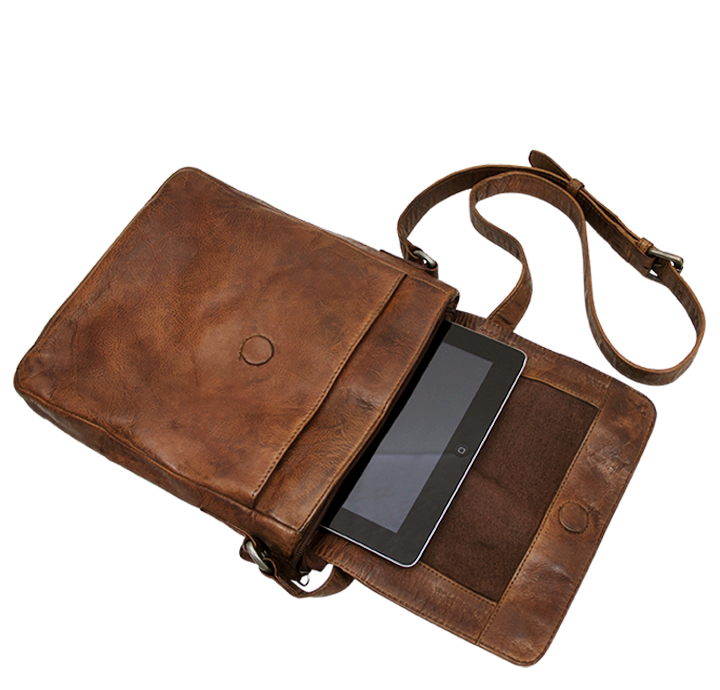 Skuldertaske til iPad i flot vintage skind crossover taske patineret brunt læder  