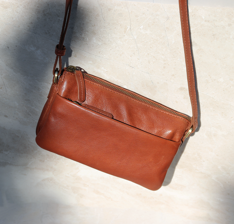 London - Skuldertaske i skind, clutch, Brun