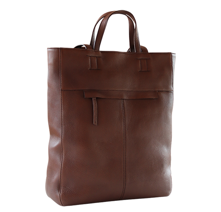 Stor mørkebrun taske i læder med hanke og lynlåslomme bagpå