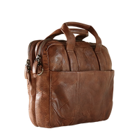 Stor computertaske i brunt læder med lomme foran