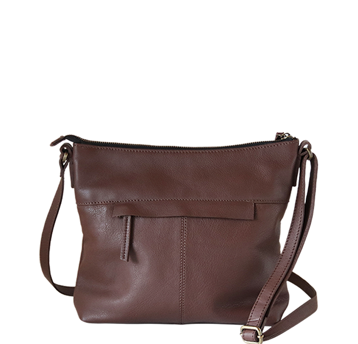Mellemstor dametaske i læder med lynlås og lomme bagpå i mørkebrun farve
