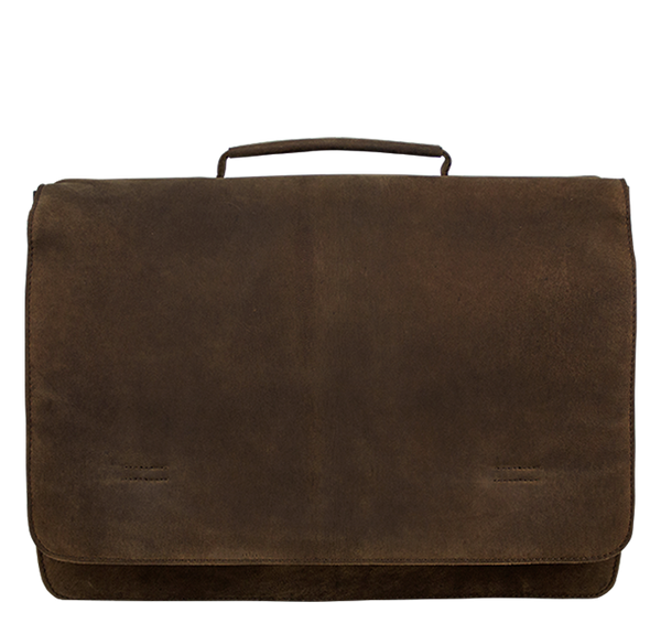 Stor computertaske med hank i rustikt læder mørkebrun