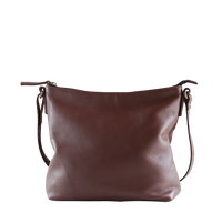 Brun lædertaske med lynlås og lang skulderrem