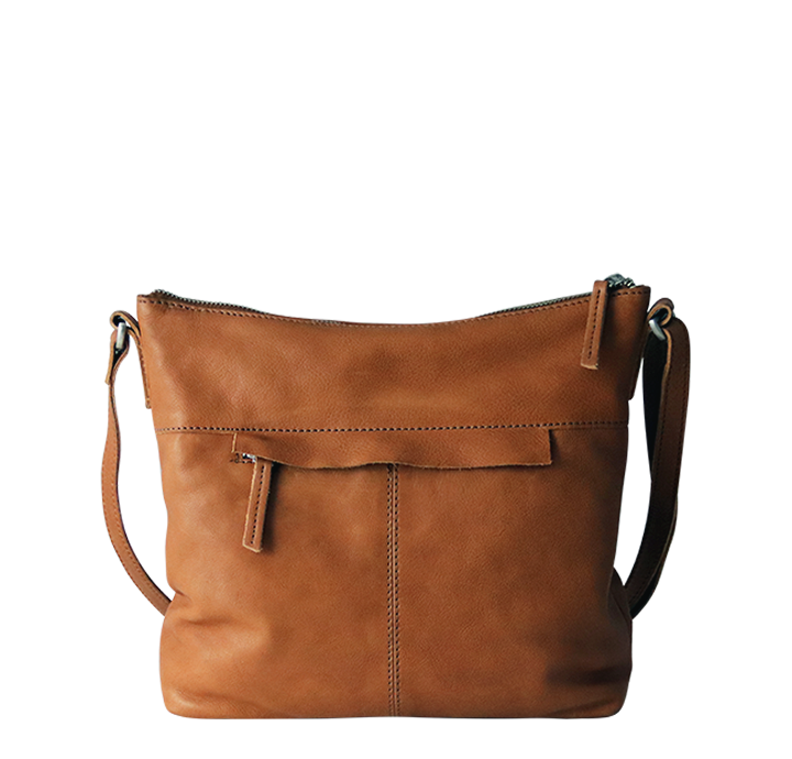 Skuldertaske i læder med lynlåslomme bagpå brun dametaske