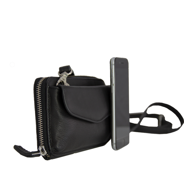 Mobilpung i sort til dame skuldertaske dametaske i ægte naturlig læder