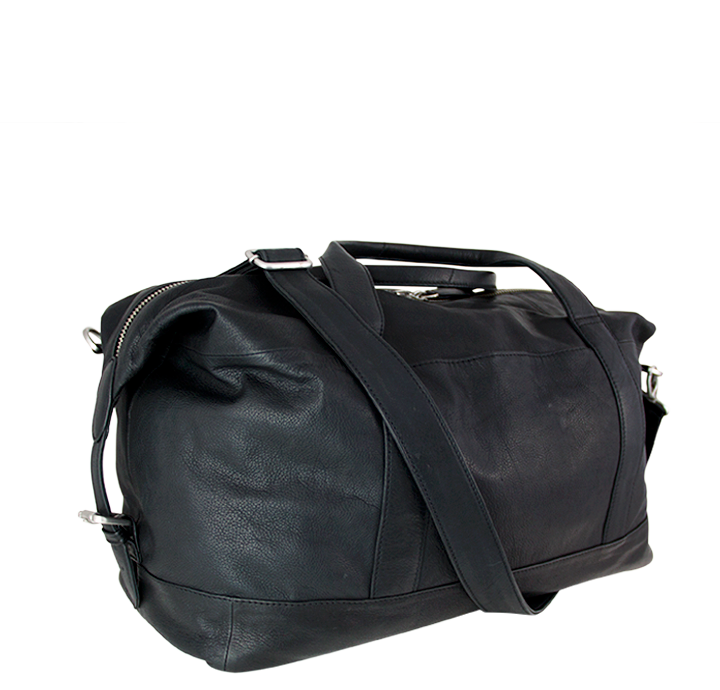 Ægte læder rejsetaske i sort weekendtaske med skulderrem blødt naturligt skind