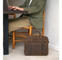 Rustik arbejdstaske hverdagstaske i ægte mørkebrun læder pc computertaske 