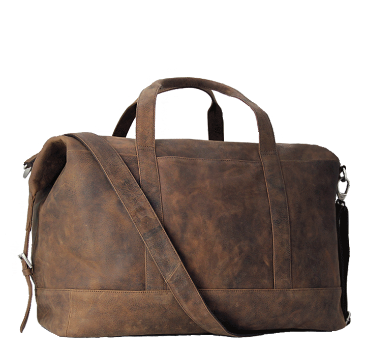 Rejsetaske i brunt læder med rustik udtryk 