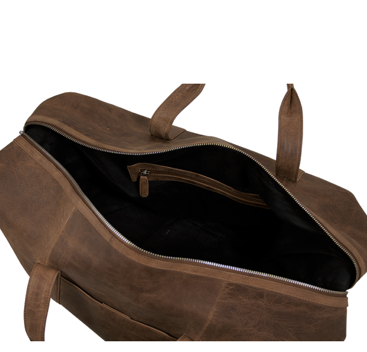Weekendtaske i brun rustik læder med lille lomme indeni