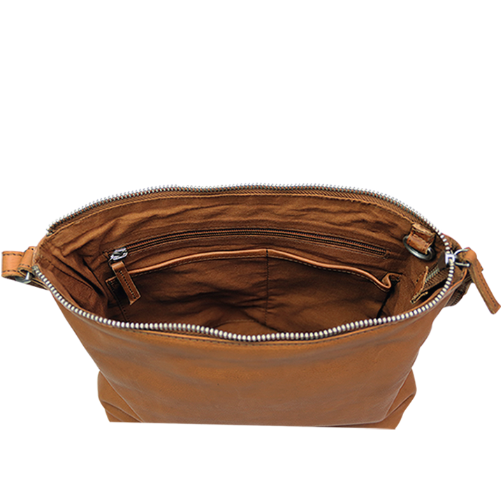 Brun lædertaske med lynlåsluk og lommer indvendig god hverdagstaske