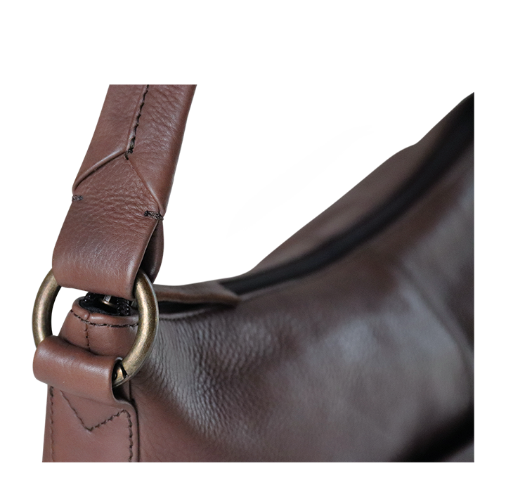 Mellemstor lædertaske i mørkebrun med aftagelig skulderrem
