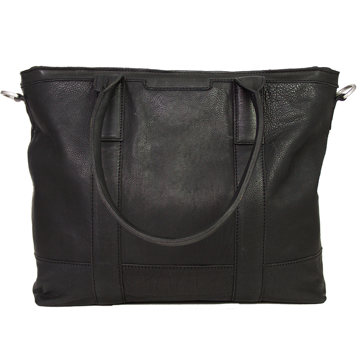 Computertaske i sort læder med læderhanke 