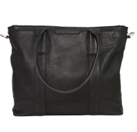 Computertaske i sort læder med læderhanke 