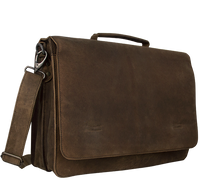 Stor computertaske i mørkebrunt læder med klap