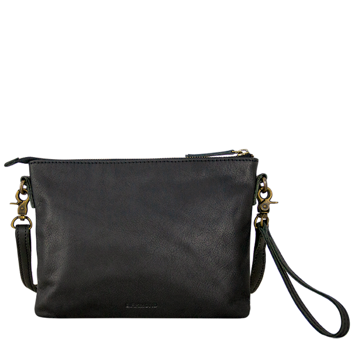 Stor clutch i sort naturligt læder dametaske med lang skulderrem