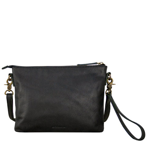 Stor clutch i sort naturligt læder dametaske med lang skulderrem