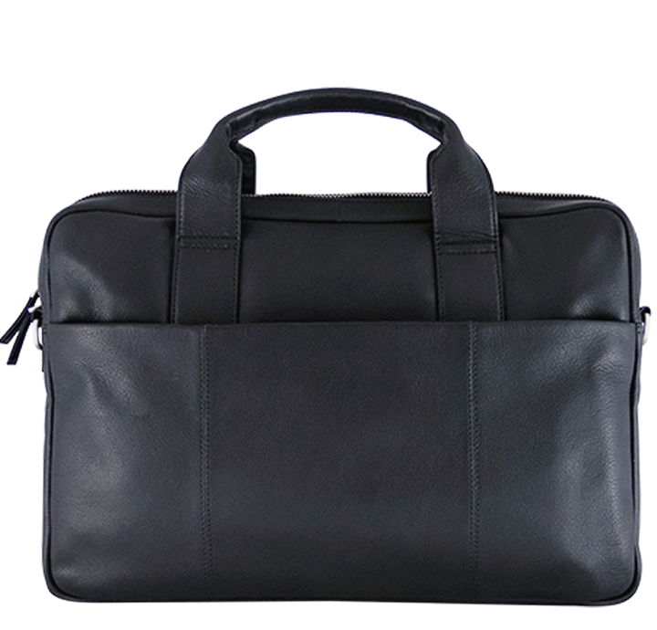 Stor computertaske i sort læder med lomme foran 