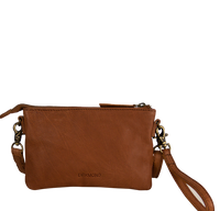 Lille clutch dametaske med lang skulderrem i ægte brunt læder  