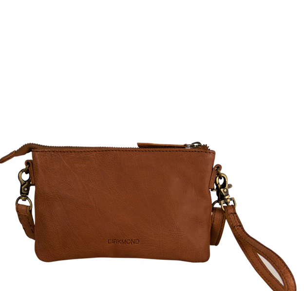 Lille clutch dametaske med lang skulderrem i ægte brunt læder  